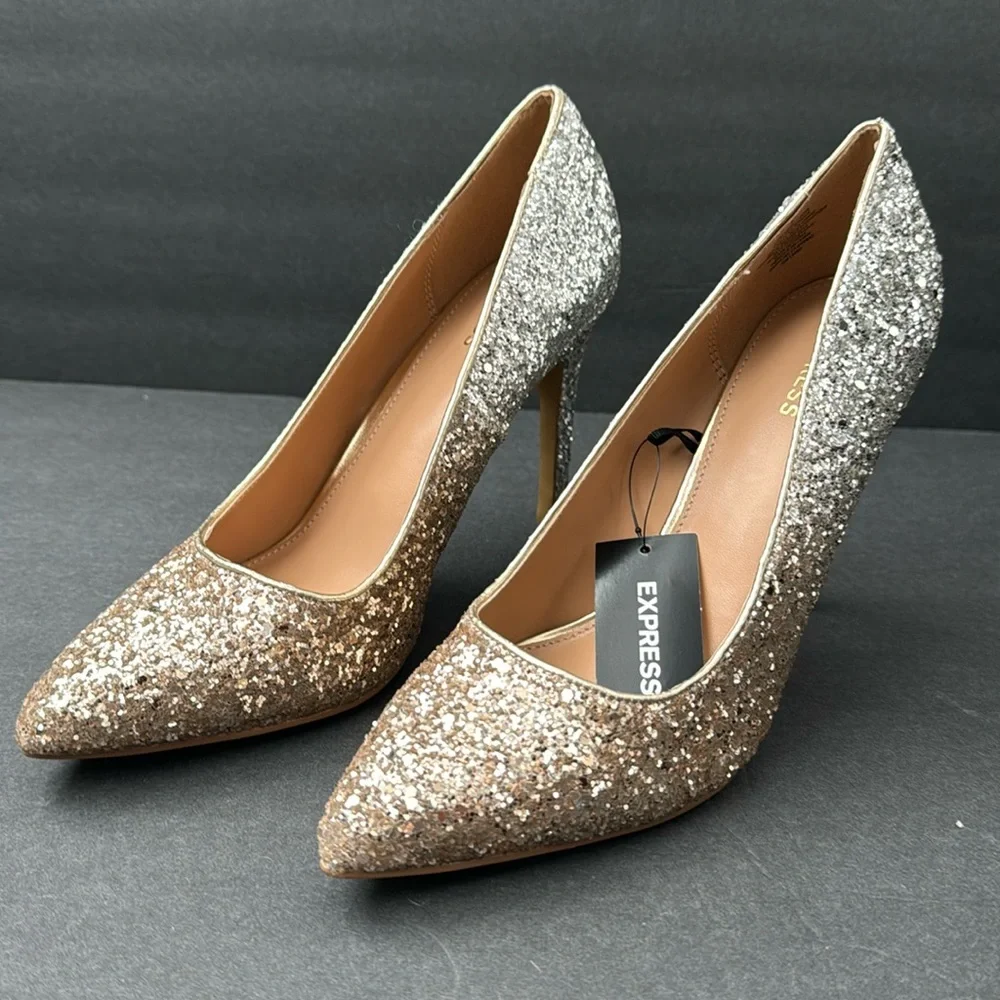 NWT- Sparkling Two-Tone Glitter Gold and Silver Express Pump Heel Size 7 - Picture 3 of 9